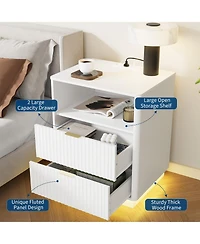 Set of 2 Mid-Century Fluted Nightstands with Charging and Led, 2 Drawers