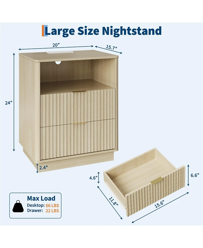 Set of 2 Wood Color Mid-Century Fluted Nightstands with Charging and Led, 2 Drawers, 20"W x 15.7"D x 24"H