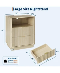 Set of 2 Wood Color Mid-Century Fluted Nightstands with Charging and Led, 2 Drawers, 20"W x 15.7"D x 24"H