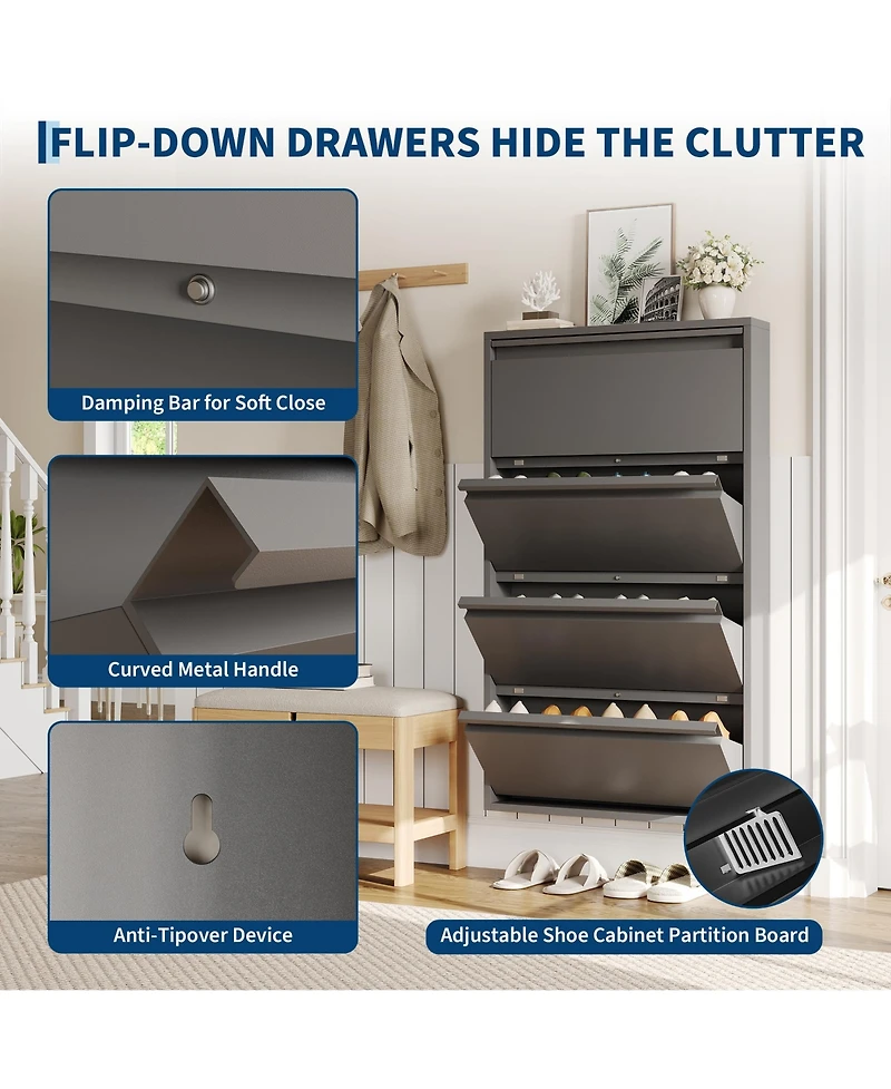 31.5x6x54 in 4-Tier Flip Shoe Cabinet, Metal Entryway Storage Organizer with Doors, Narrow Slim Design for Hallway Living Room, Grey/White
