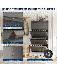 31.5x6x54 in 4-Tier Flip Shoe Cabinet, Metal Entryway Storage Organizer with Doors, Narrow Slim Design for Hallway Living Room, Grey/White