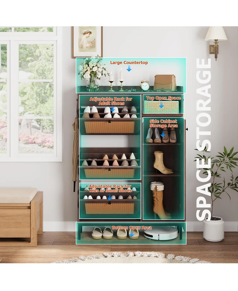35x9x52in 3-Drawer Shoe Cabinet with Doors, Engineered Wood and Pe Rattan Entryway Storage Organizer, for Hallway Living Room, Light/Dark Brown