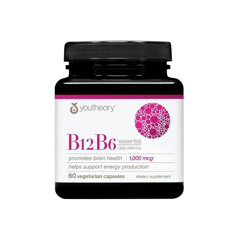 Youtheory Vitamin B12 B6, Daily Energy and Brain Support Supplement, Vegetarian Capsules, 60
