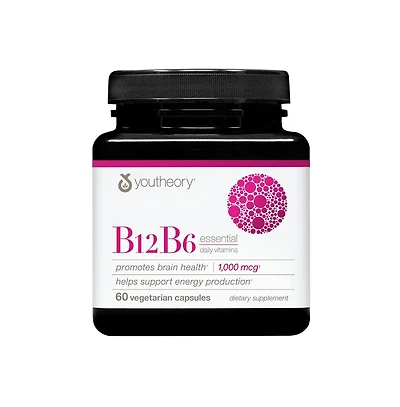 Youtheory Vitamin B12 B6, Daily Energy and Brain Support Supplement, Vegetarian Capsules, 60