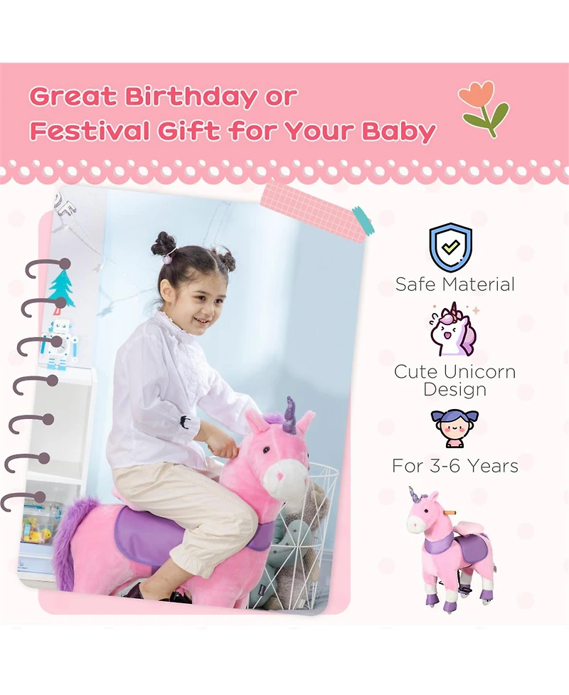 Yobtop Walking Plush Unicorn Ride-On Rocking Horse, 176 lbs Capacity, Ages 3+