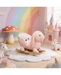 Yobtop Bunny Rocking Horse - Rabbit Wooden Plush Ride-on Toy with Sound Button, Seat Belt and Handlebars, Solid Steel Frame