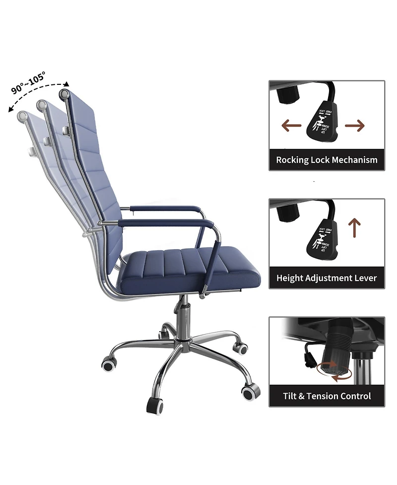 homfan Ergonomic Office Desk Chair, 1 Piece Set Executive Ribbed Mid-Back Pu Leather Conference Room Chair Adjustable Swivel with Arms