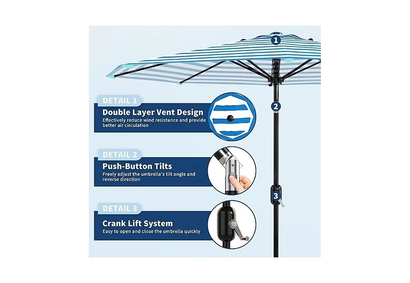 homfan 9 Feet Patio Umbrella, Outdoor Market Umbrella with Push Button Tilt and Crank, 8-Rib Iron Frame, Stripe