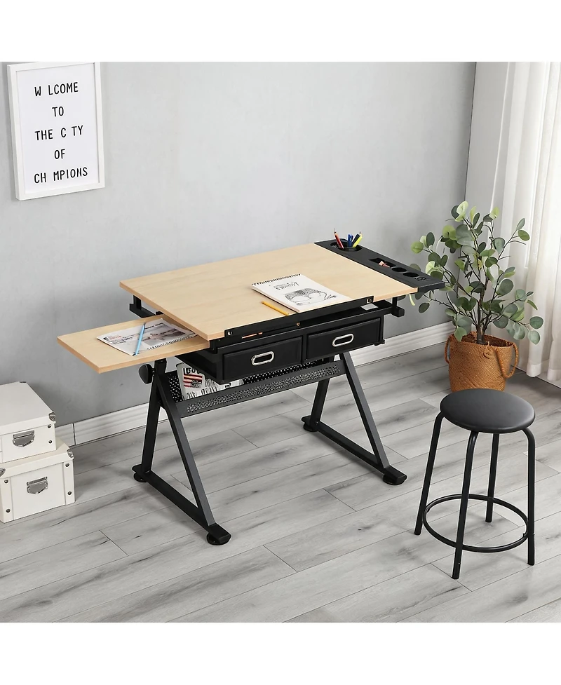 gaomon Professional Height Adjustable Drafting Table with Stool, Tilting Artist Drawing Desk with 2 Drawers, 0-75degree(s) Angle Art Workstation