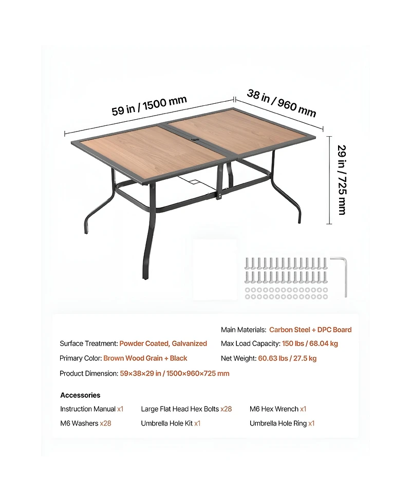 Slickblue Rectangular Outdoor Dining Table for 4-6 People, Wood-Look Steel Patio Table with Umbrella Hole