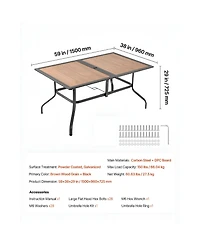Slickblue Rectangular Outdoor Dining Table for 4-6 People, Wood-Look Steel Patio Table with Umbrella Hole