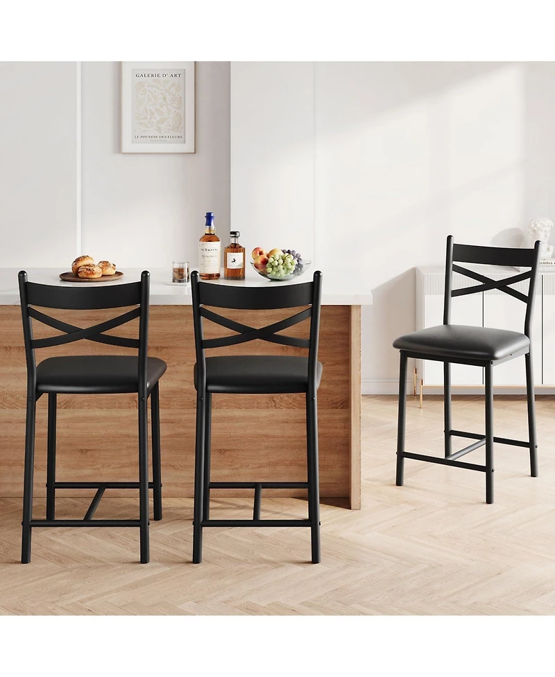 homfan Set of 2 Bar Stools Counter Height Pu Upholstered Seat Metal Frame Kitchen Bar Chairs with X-Design Back and Footrest for Island Counter