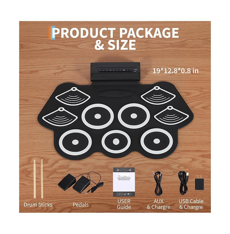 homfan Roll-Up Electronic Drum Kit Bluetooth Midi 9-Pad, Ages 10+