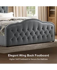 Hausource Velvet Wingback Upholstered Full Platform Bed, 4 Underbed Storage Drawers and 2 Retractable Side Tables, No Box Spring Required