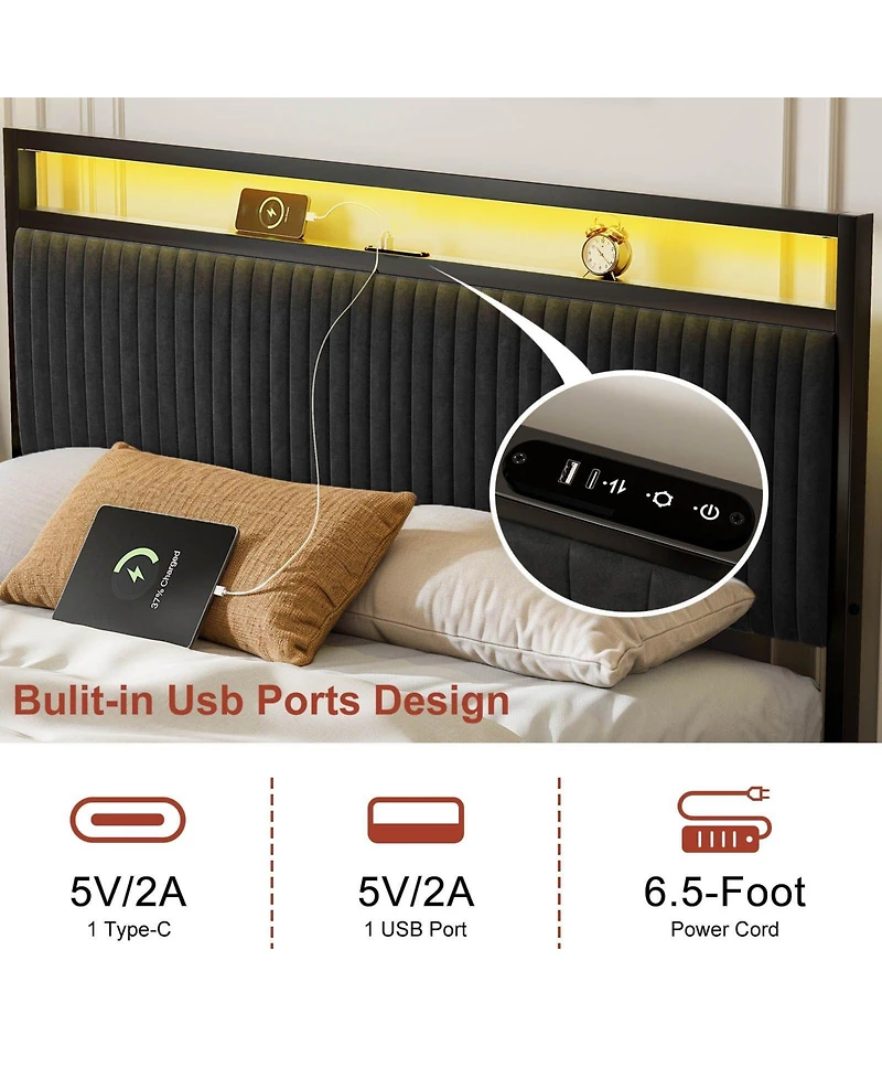 Hausource Full Velvet Upholstered Platform Bed, Movable Drawers, Dimmable Led and Usb-c Charging Hub, No Box Spring Needed