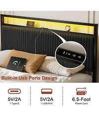 Hausource Full Velvet Upholstered Platform Bed, Movable Drawers, Dimmable Led and Usb-c Charging Hub, No Box Spring Needed