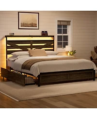 Hausource Queen Farmhouse Storage Platform Bed, Barn Door Headboard with Led and Charging Station, 4 Rolling Drawers, No Box Spring Needed