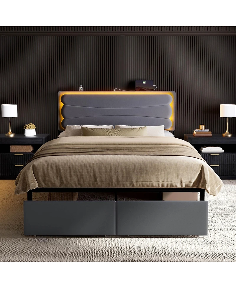 Hausource Velvet Upholstered Bed, Adjustable Height Headboard, 2 Storage Drawers, Led Light and Charging Ports