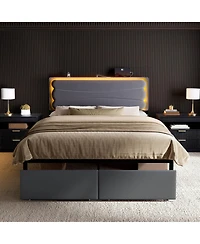Hausource Velvet Upholstered Bed, Adjustable Height Headboard, 2 Storage Drawers, Led Light and Charging Ports
