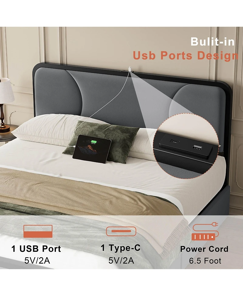 Hausource Curved Tufted Velvet Platform Bed, 4-Position Movable Drawers, Bedside Charging Station