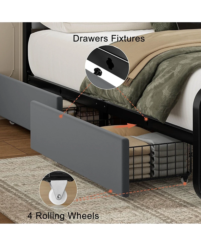Hausource Curved Tufted Velvet Platform Bed, 4-Position Movable Drawers, Bedside Charging Station
