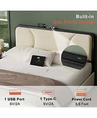 Hausource Curved Tufted Velvet Platform Bed, 4-Way Placeable Underbed Drawers, Bedside Charging Station
