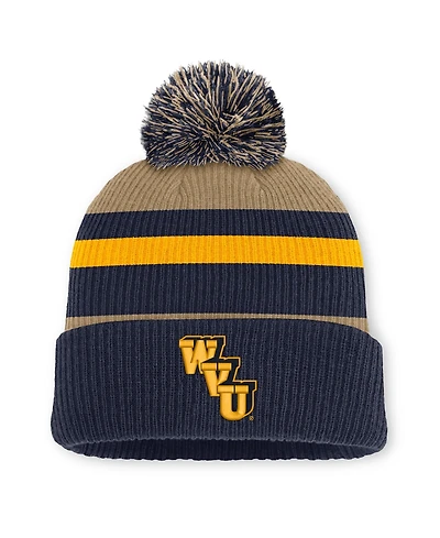 Men's and Women's Nike Navy/Beige West Virginia Mountaineers Legacy Striped Cuffed Knit Hat with Pom
