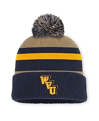 Men's and Women's Nike Navy/Beige West Virginia Mountaineers Legacy Striped Cuffed Knit Hat with Pom