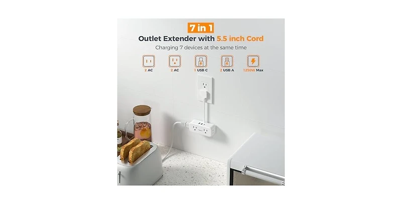 Tessan Wall Outlet Extender with 0.5Ft, 1 Usb C, 2 Usb A for Home, Office and Travel