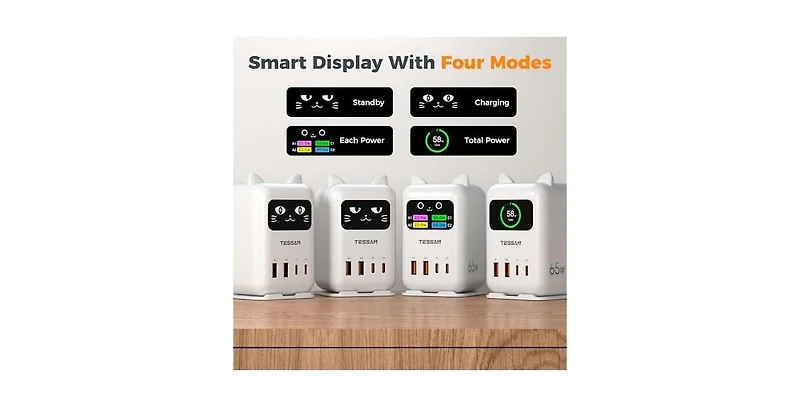 Tessan Multi-Port Usb Charging Station with 65W, 2 Usb-c, 2 Usb-a for Home, Office and Travel