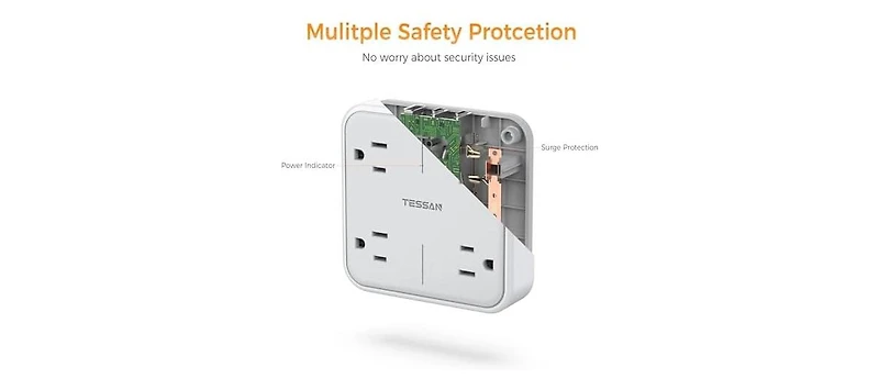 Tessan Wall Outlet Extender with 4 Outlet, 2 Usb C, 22V for Home, Office and Travel