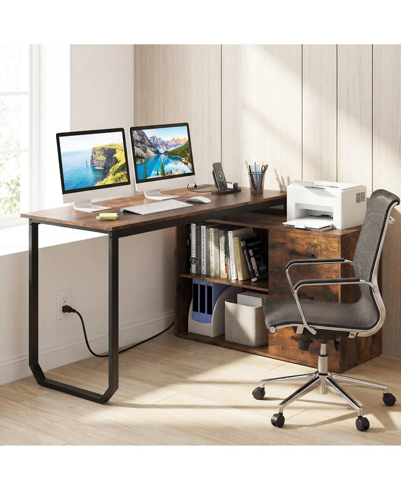 Sugift 55-Inch Reversible L-Shaped Desk with 3 Drawers and Adjustable Shelf
