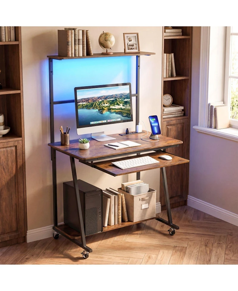 Sugift Small Rolling Computer Desk with Charging Station and Led Lights