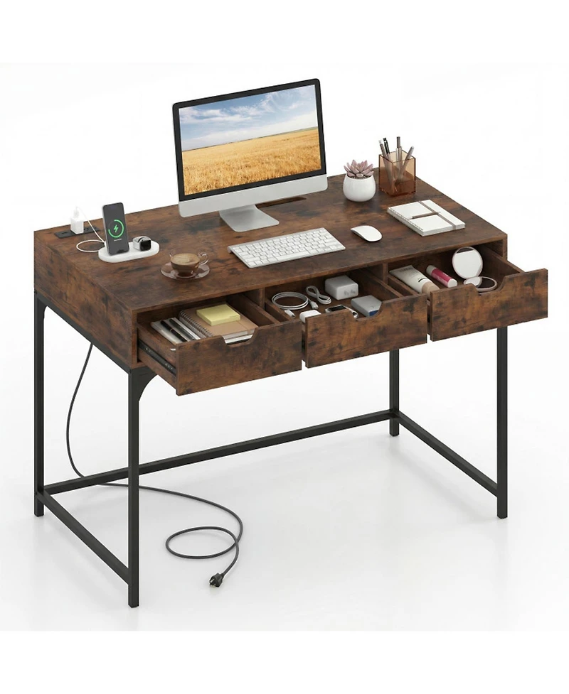 Sugift Office Writing Desk with Power Outlets and Hidden Compartment