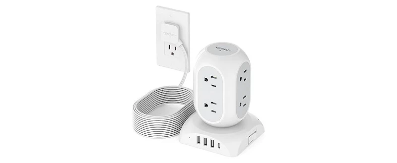 Tessan Flat Plug Power Strip with Usb-c Charging, 10 Feet, 8 Outlets for Phones, Tablets and Other Personal Devices