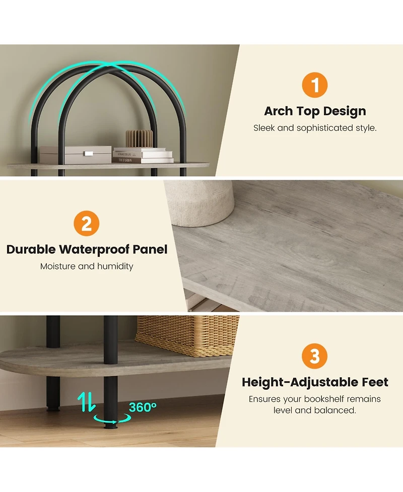 31.5 x 12 x 71 Inch 2-Pack Arched Bookshelf 5-Tier Bookcase, Iron Frame Engineered Wood Shelves for Living Room Office, Black Graphite Gray