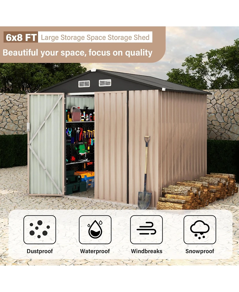 93x63x77 In Galvanized Steel Storage Shed, 6x8 Ft Metal Tool Room with/without Solar Light and Lockable Door for Backyard Patio, Grey/Brown