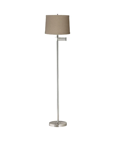 360 Lighting Modern Floor Lamp Swing Arm 60.5" Tall Brushed Nickel Natural Linen Drum Shade for Living Room Reading Bedroom Office