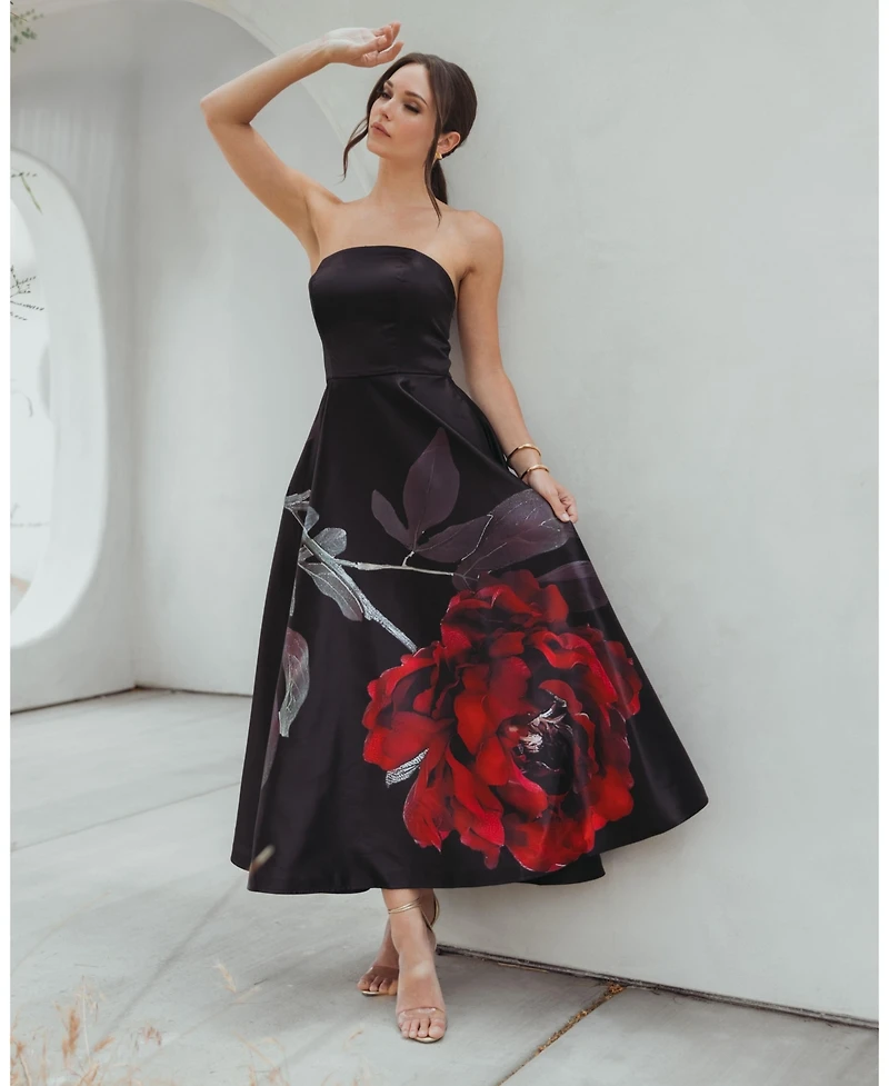 Mac Duggal Petite Strapless Crepe Floral Print A-Line Midi Dress with Pockets