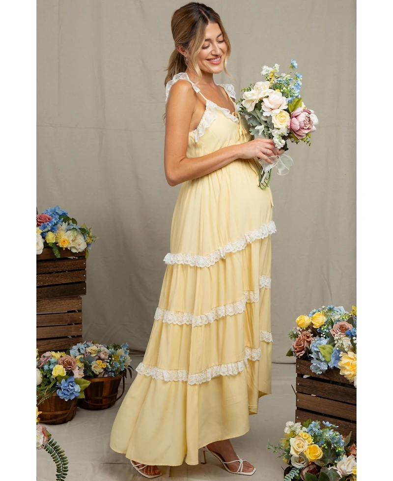 Pinkblush Women's Yellow Lace Trim Tiered Maxi Dress