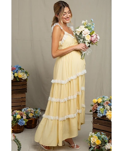 Pinkblush Women's Yellow Lace Trim Tiered Maxi Dress