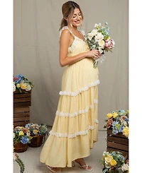 Pinkblush Women's Yellow Lace Trim Tiered Maxi Dress