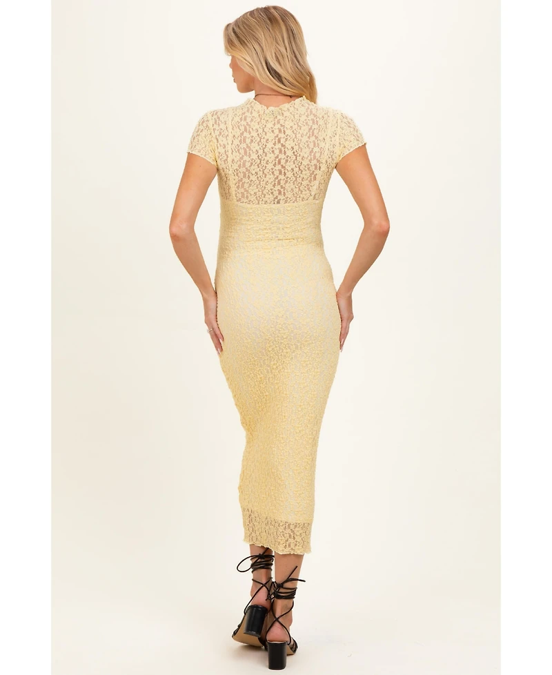 Pinkblush Women's Yellow Sheer Lace Overlay Short Sleeve Midi Dress