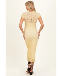 Pinkblush Women's Yellow Sheer Lace Overlay Short Sleeve Midi Dress
