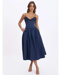 Miss Circle Women's Ailani Navy Taffeta Smocked Midi Dress