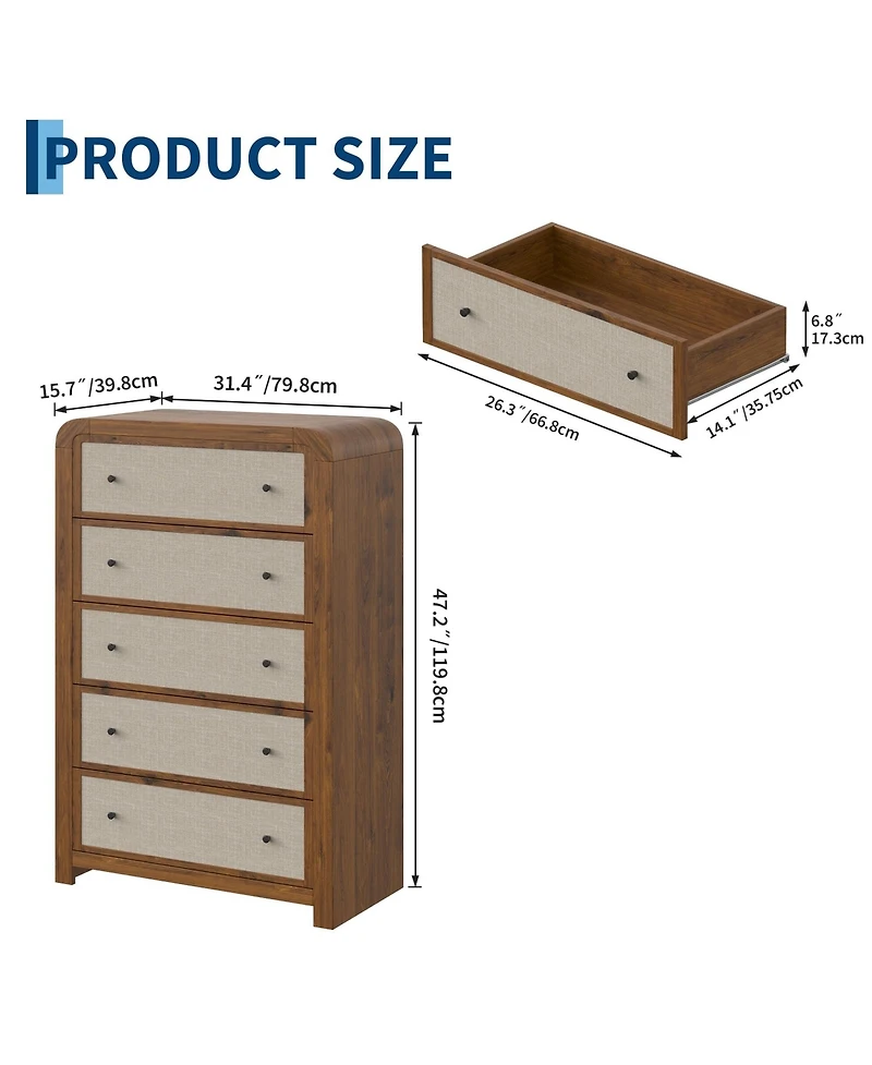 5 Tall Drawer Dresser for Bedroom, Modern Chest of Drawers, Linen Drawer Fronts, Anti-Tip Kit, Sturdy Storage Organizer for Living Room, Entryway