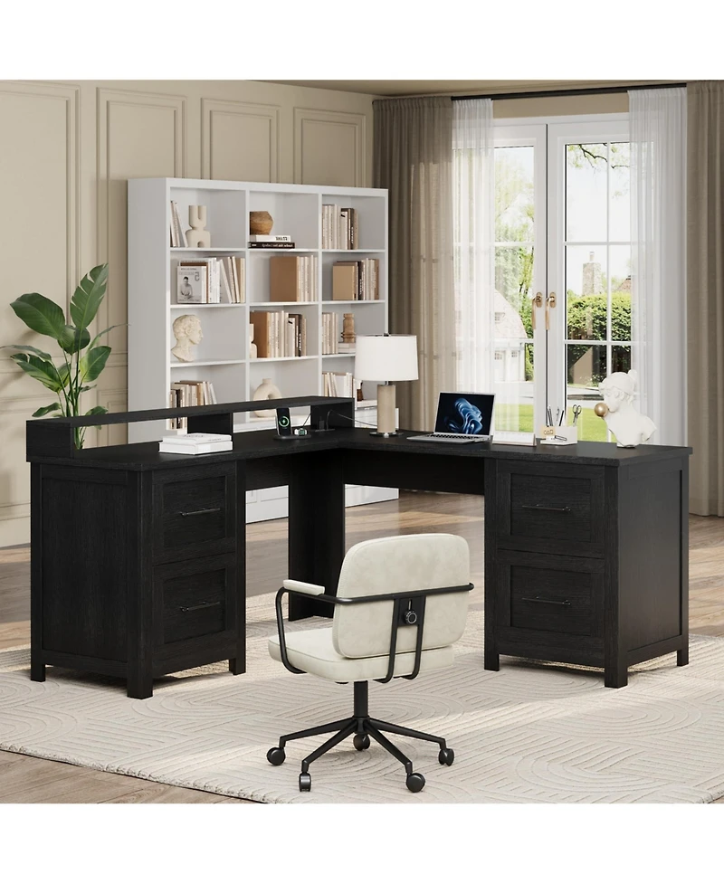 L-Shaped Executive Desk, 63" Corner Computer Desk with 4 File Drawers, Monitor Stand, Built-in Power Outlets, Workspace Organization