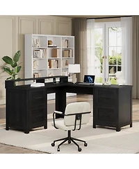 L-Shaped Executive Desk, 63" Corner Computer Desk with 4 File Drawers, Monitor Stand, Built-in Power Outlets, Workspace Organization