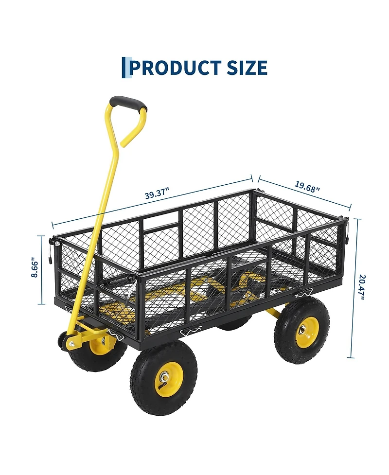 43x20x22 in Steel Garden Dump Cart, Yard Wagon with Removable Sides, 180 Degree Swivel Handle, 10 in Tires, for Backyard Patio, Green/Yellow