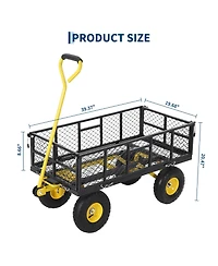 43x20x22 in Steel Garden Dump Cart, Yard Wagon with Removable Sides, 180 Degree Swivel Handle, 10 in Tires, for Backyard Patio, Green/Yellow